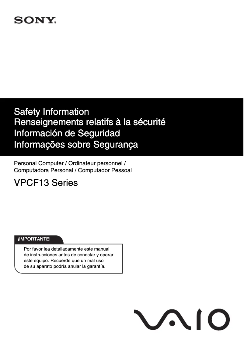 Page 1 de la notice Instructions de sécurité Sony Vaio VPCF13NFX
