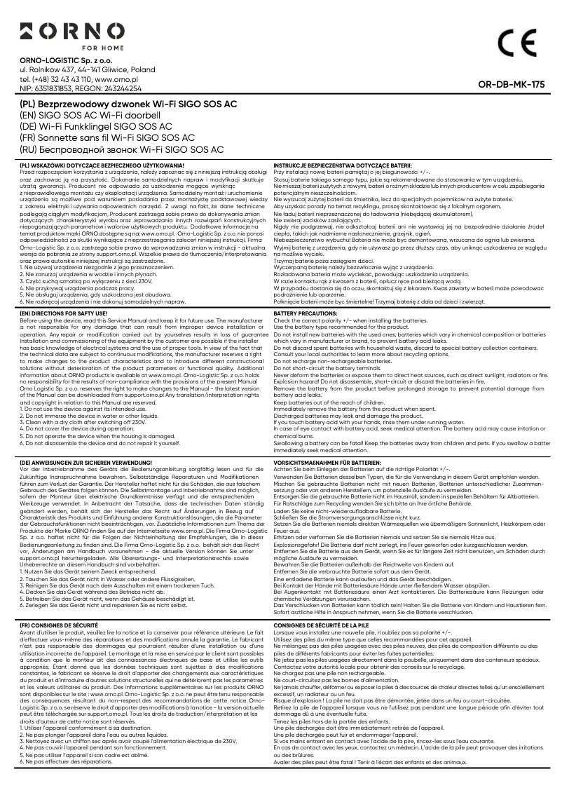 Page n°1 - Manuel utilisateur ORNO OR-DB-MK-175