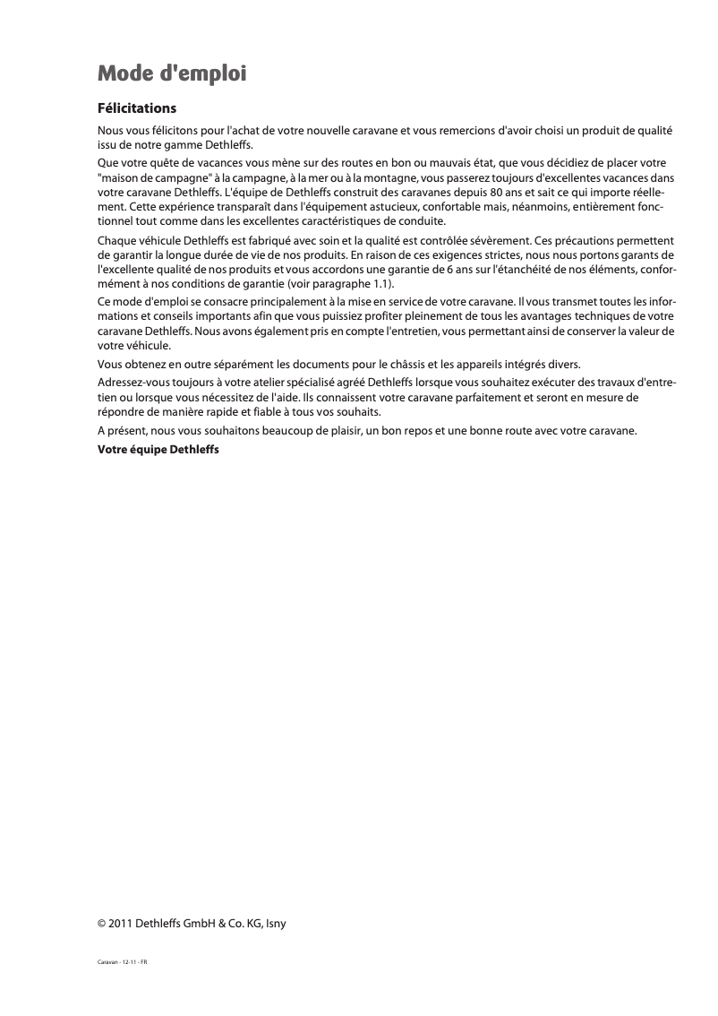 Page 1 de la notice Manuel utilisateur Dethleffs 2012