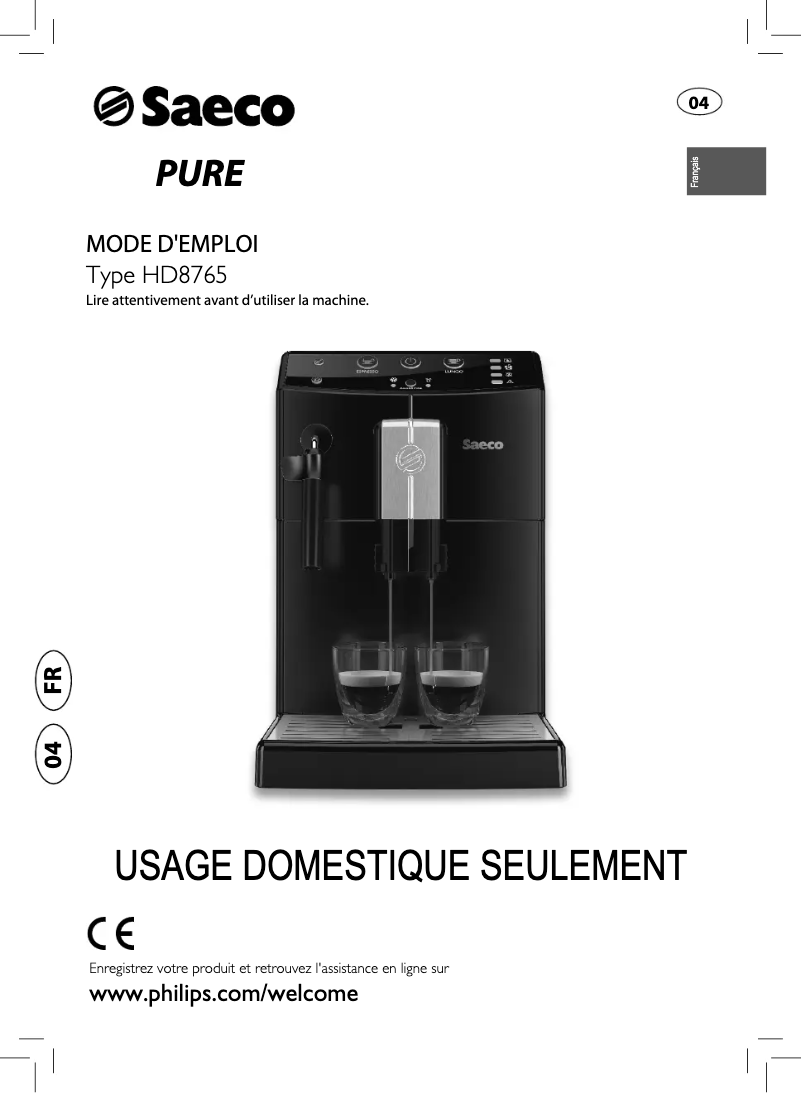 Page 1 de la notice Manuel utilisateur Philips Saeco Minuto HD8765