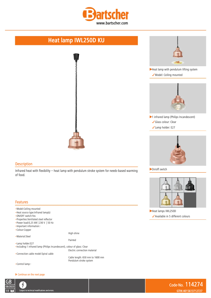 Page n°1 - Fiche technique Bartscher IWL250D KU