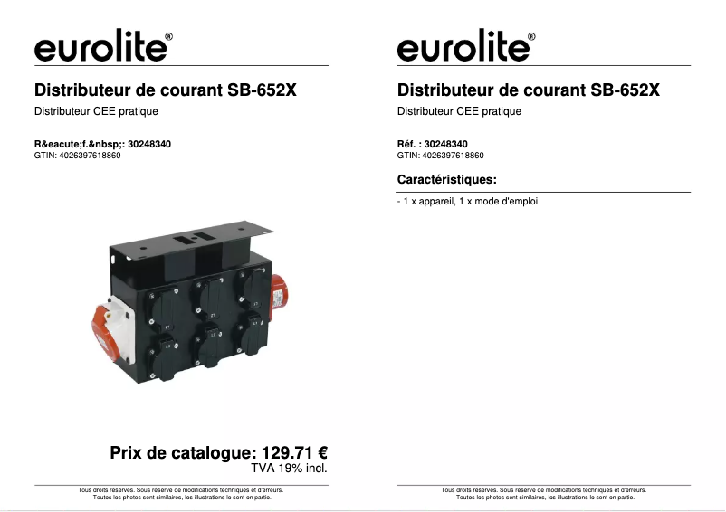 Page 1 de la notice Fiche technique Eurolite SB-652X