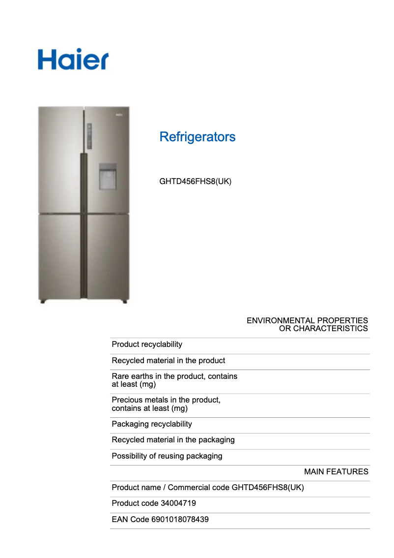 Page n°1 - Label énergétique Haier GHTD456FHS8
