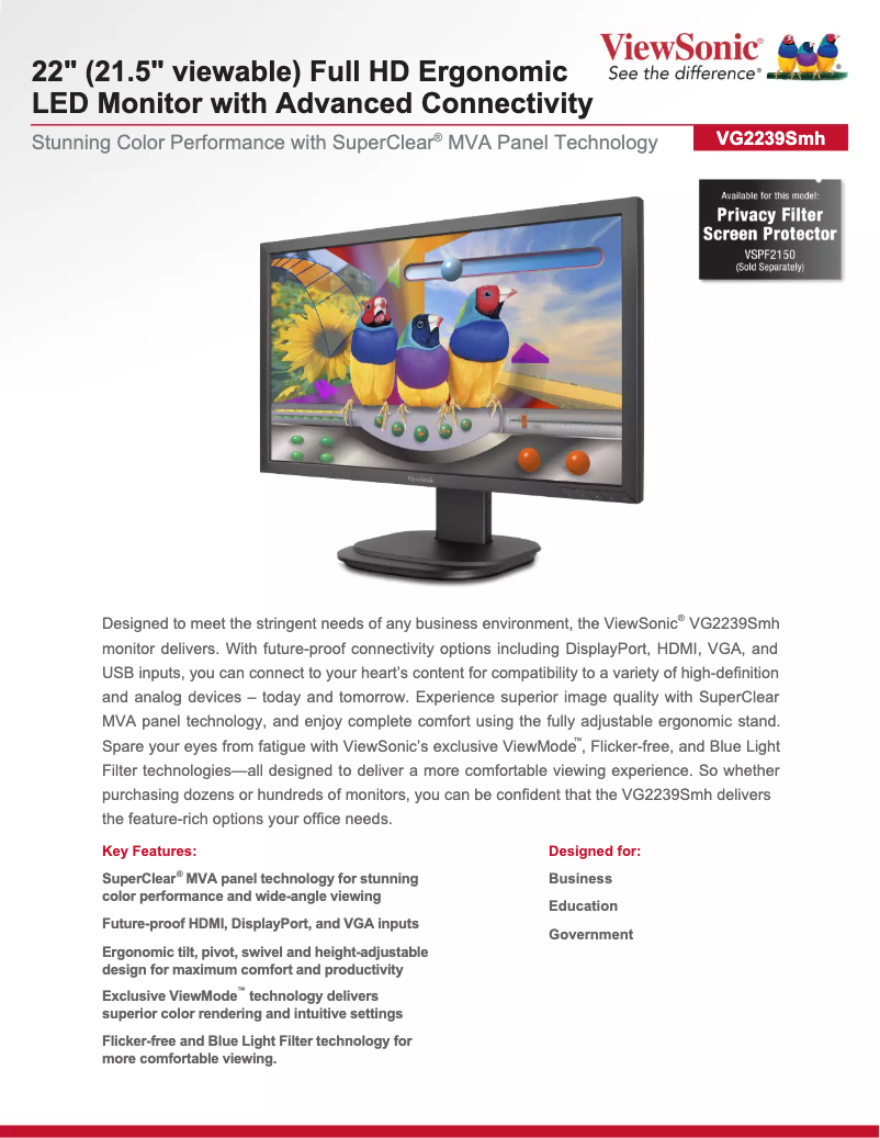 Page 1 de la notice Brochure Viewsonic VG2239SMH