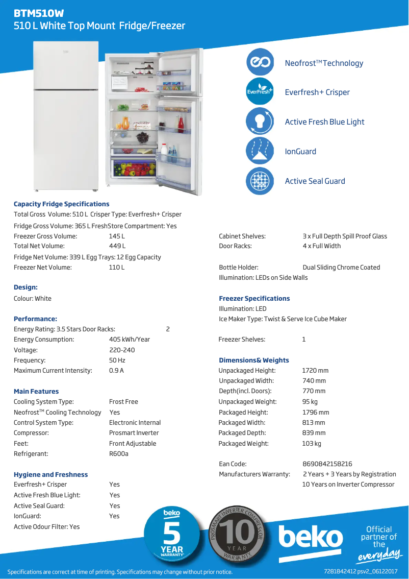 Page 1 de la notice Fiche technique Beko BTM510W