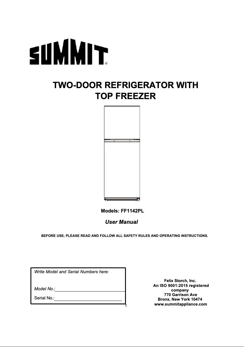 Page 1 de la notice Manuel utilisateur Summit FF1142PL