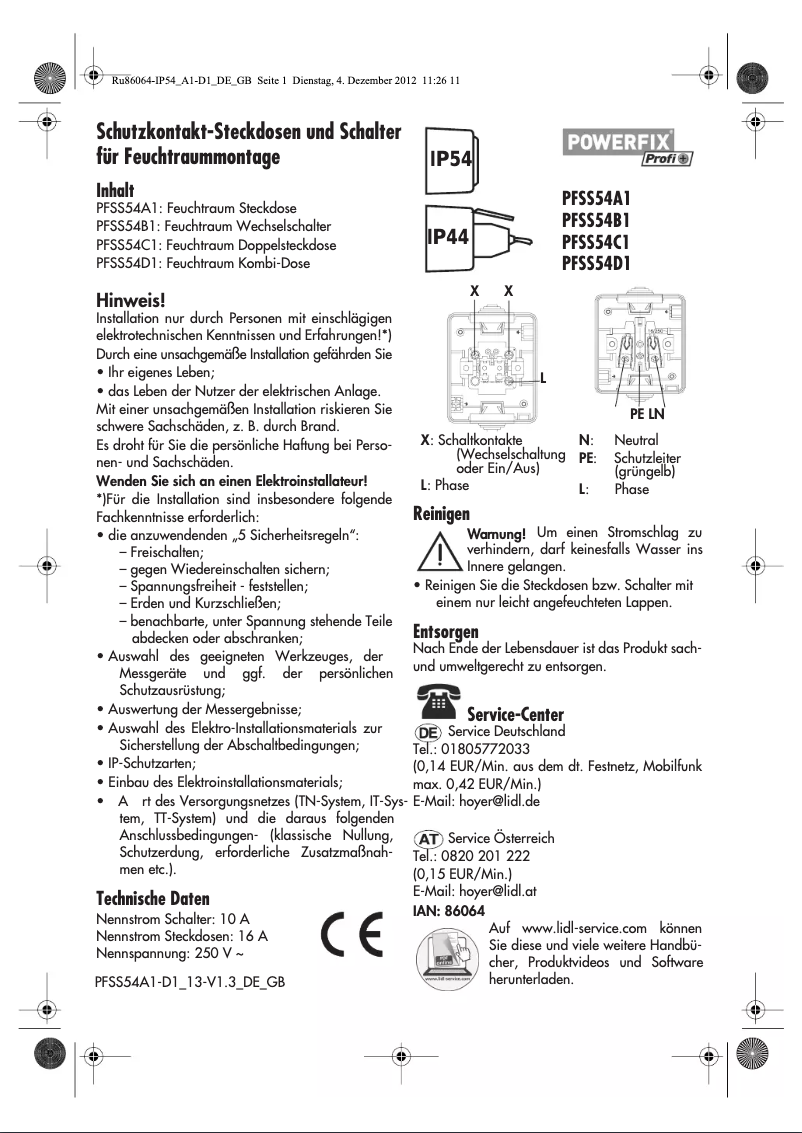 Page 1 de la notice Manuel utilisateur Powerfix PFSS 54 B1