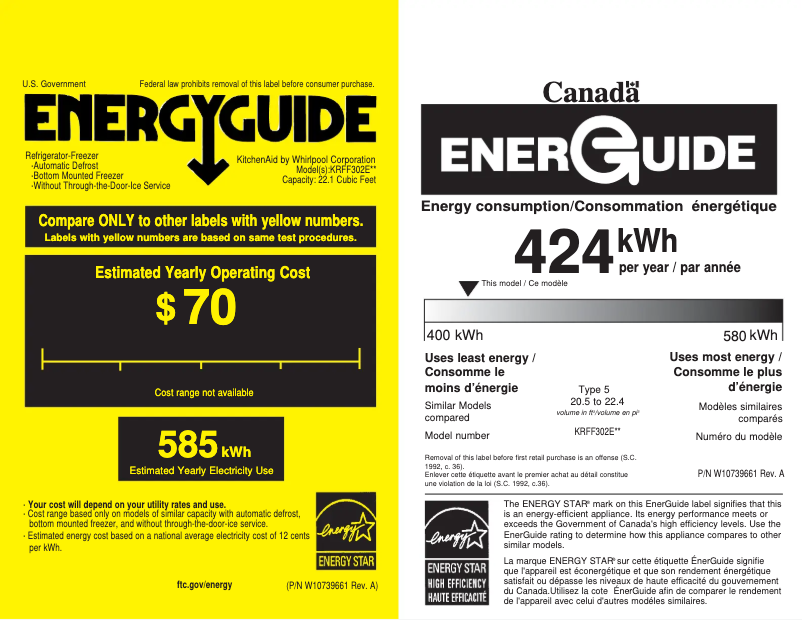 Page 1 de la notice Label énergétique KitchenAid KRFF302EWH