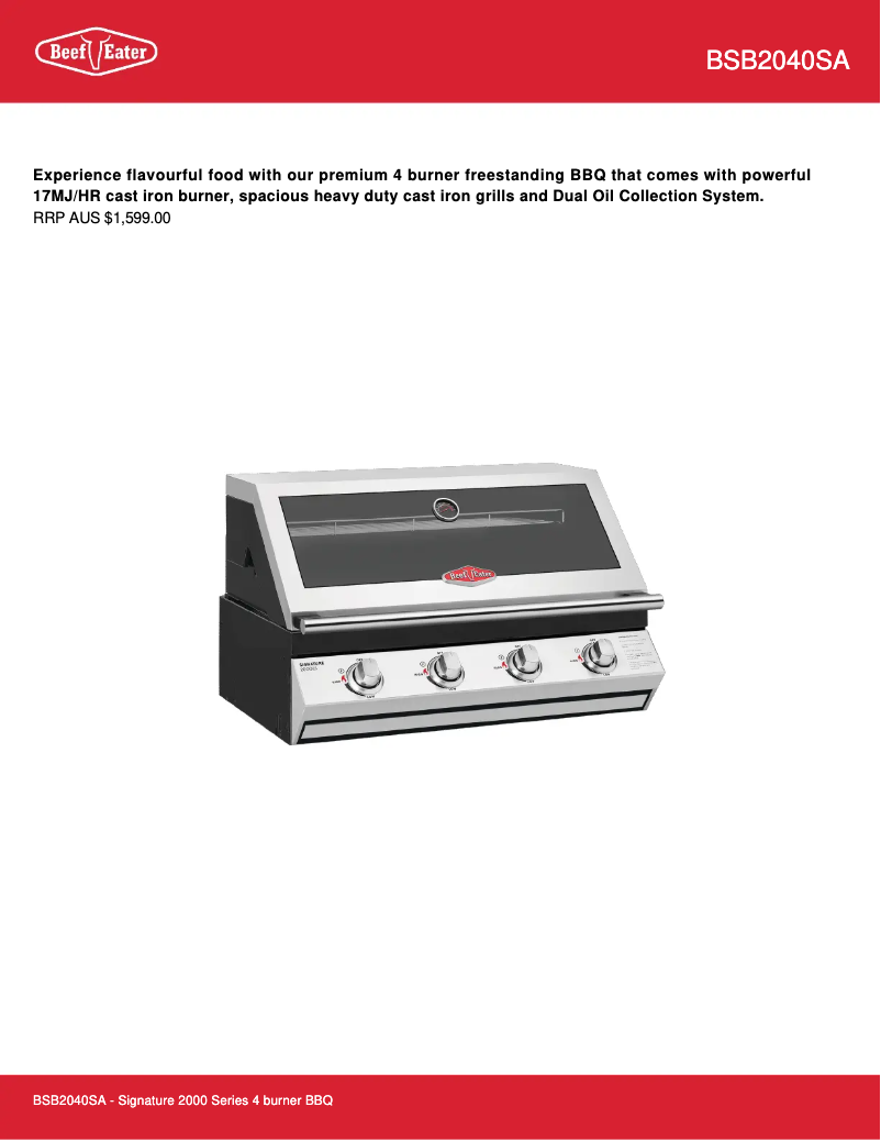 Page 1 de la notice Fiche technique BeefEater BSB2040SA