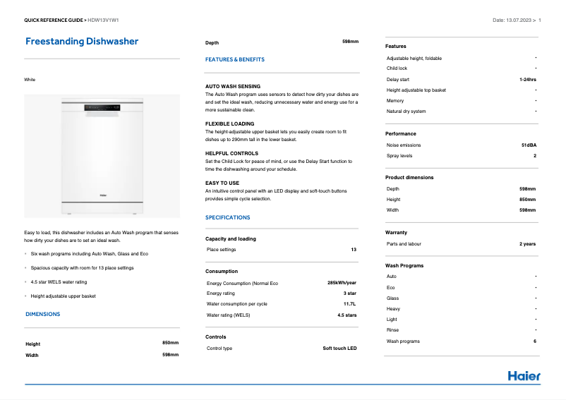 Image de la première page du manuel de l'appareil HDW13V1W1