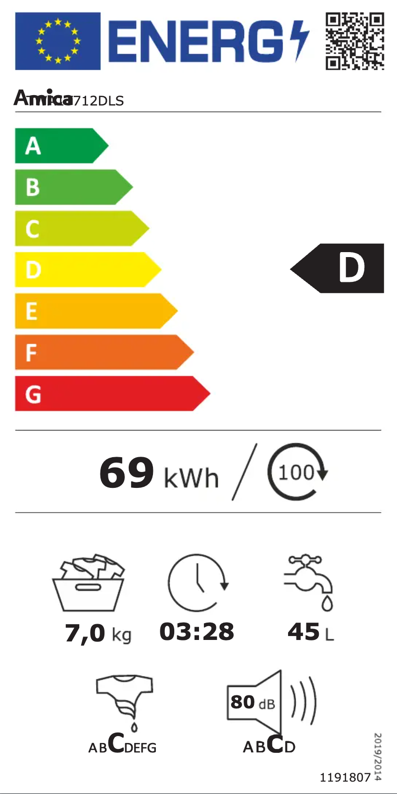 Page 1 de la notice Label énergétique Amica TWA1T712DLS