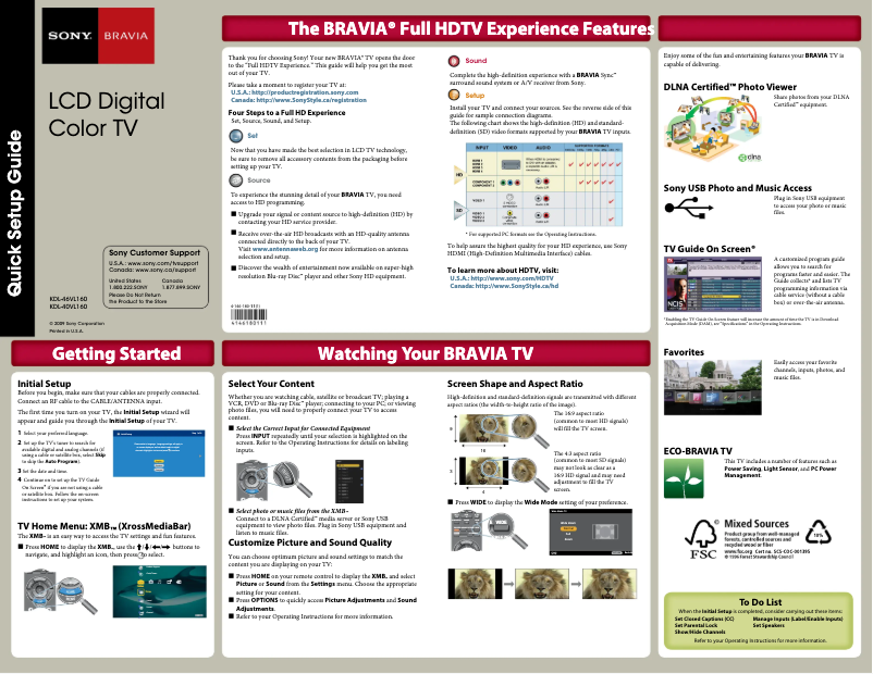 Page 1 de la notice Guide d'installation Sony Bravia KDL-40VL160