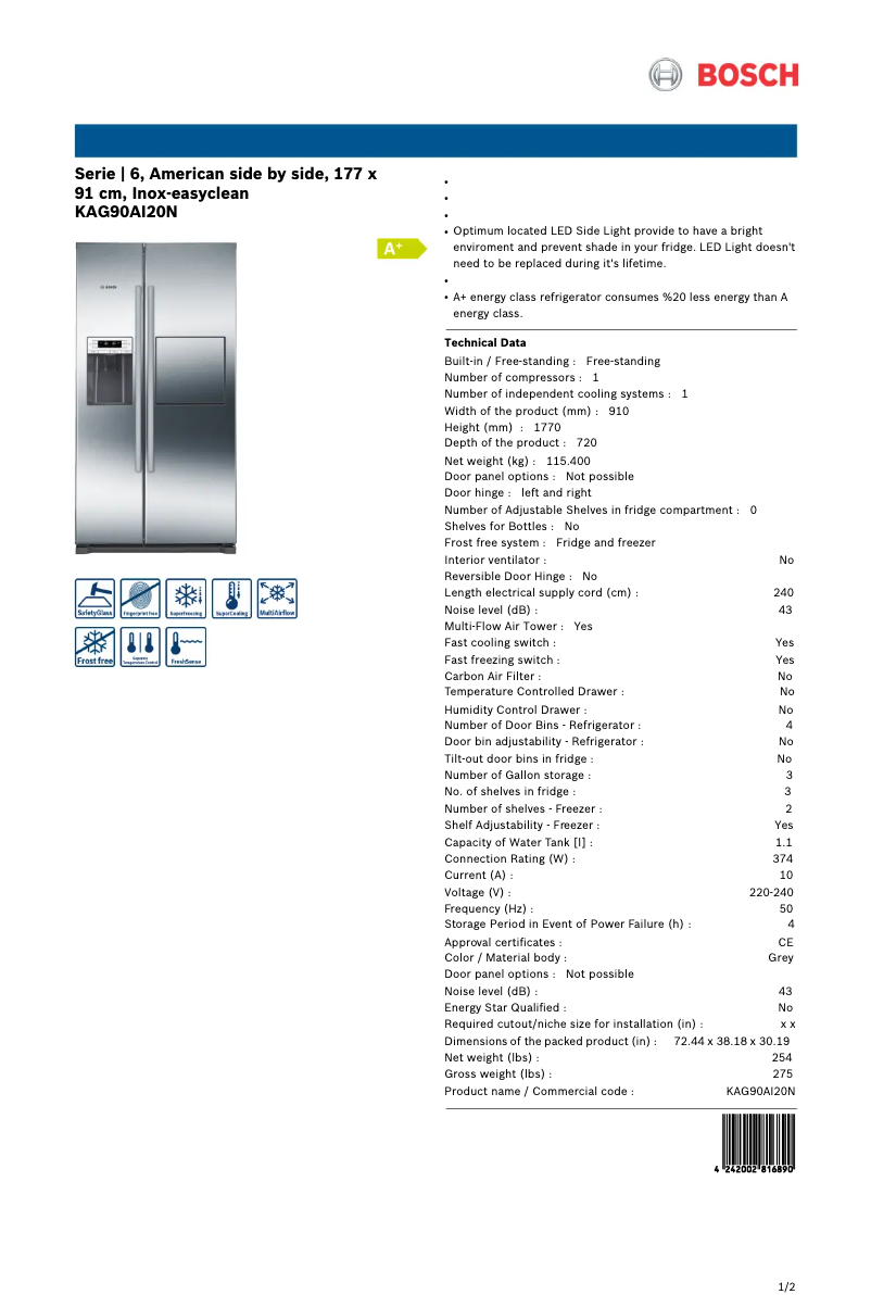 Page 1 de la notice Fiche technique Bosch KAG90AI20N
