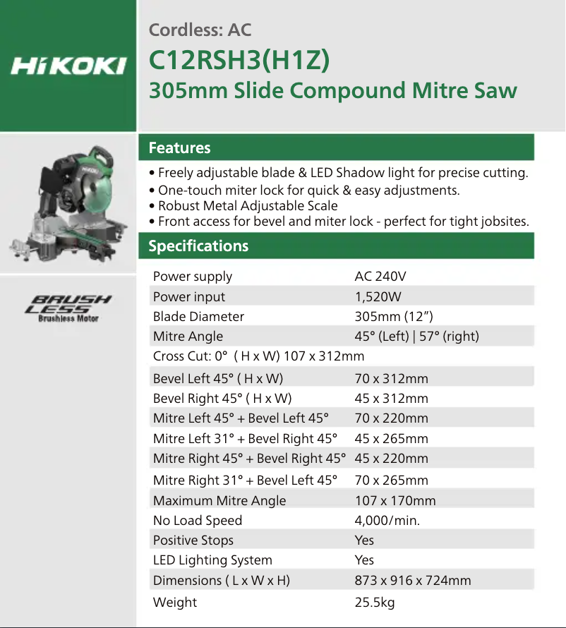 Page 1 de la notice Fiche technique HiKOKI C12RSH3