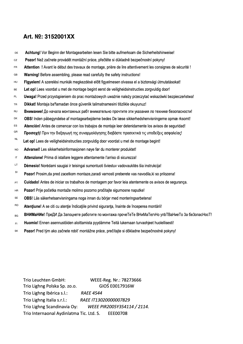 Page 1 de la notice Manuel utilisateur Trio Lighting Ontario 315200131