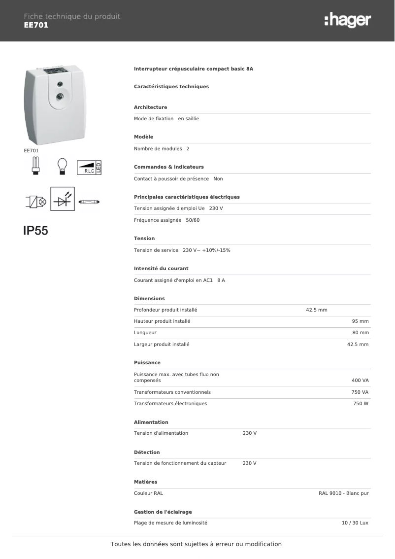 Page n°1 - Fiche technique Hager EE701