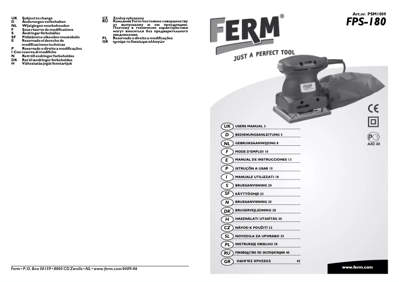 Page 1 de la notice Manuel utilisateur Ferm PSM1009