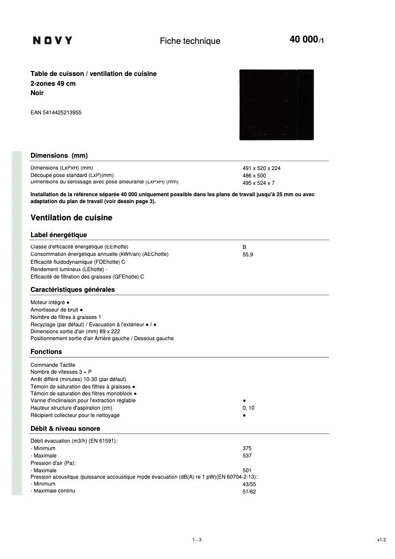 Page 1 de la notice Fiche technique Novy Up Power 40000