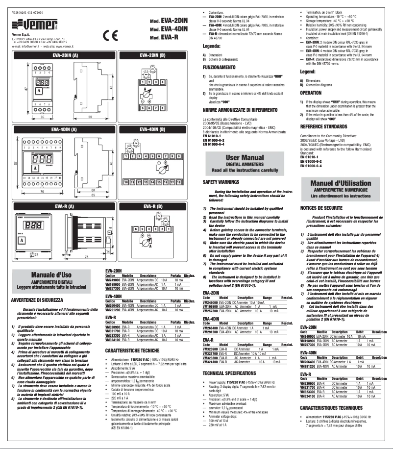 Page n°1 - Manuel utilisateur Vemer EVA-4DIN