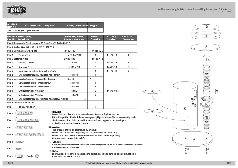 First page image of the manual for Pietro 44445