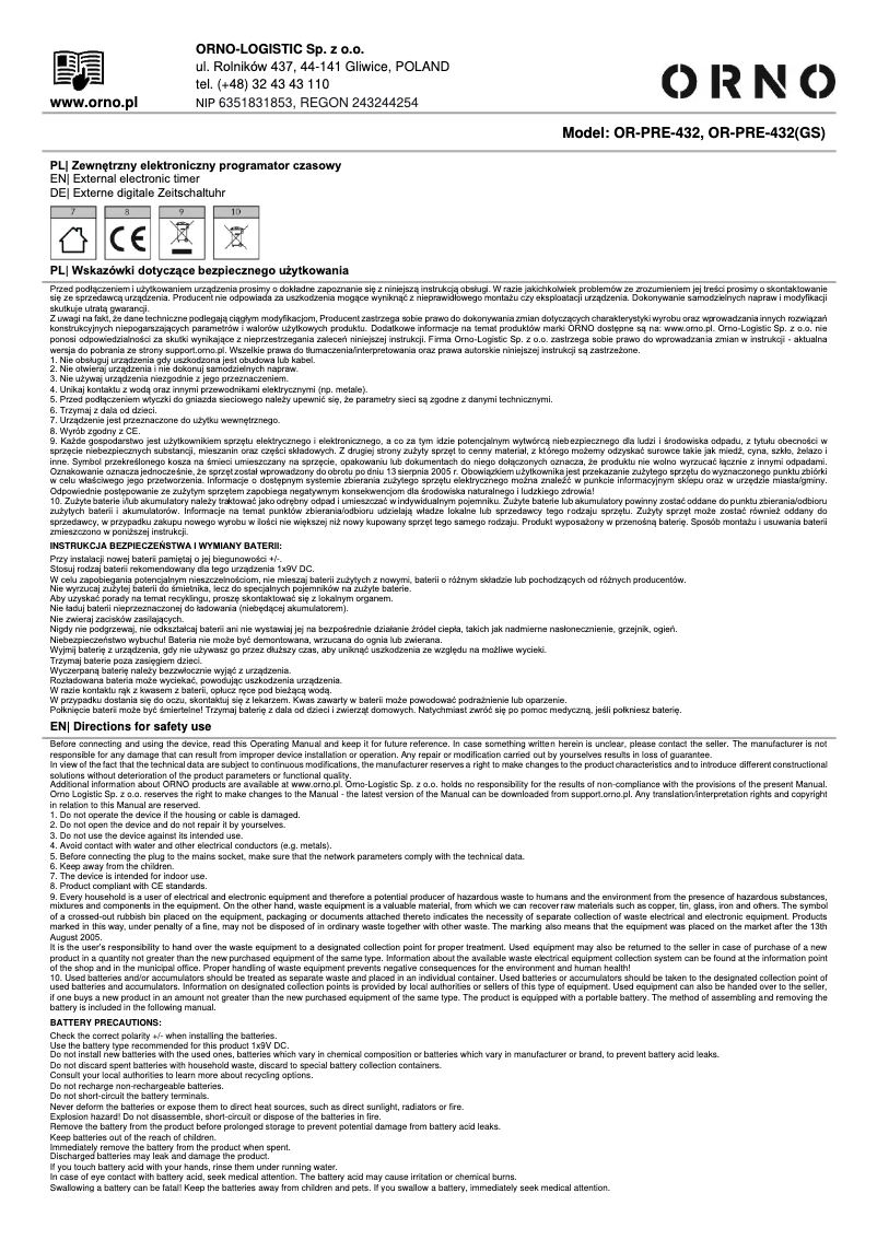 Imagen de la primera página del manual del dispositivo OR-PRE-432