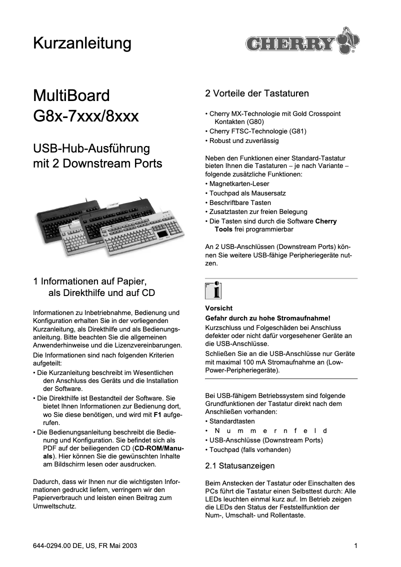 Page 1 de la notice Manuel utilisateur Cherry MultiBoard G80-8113