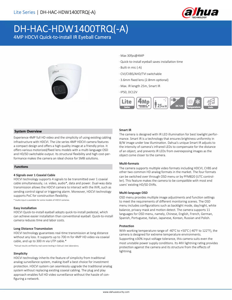Page 1 de la notice Fiche technique Dahua Technology HAC-HDW1400TRQ-A