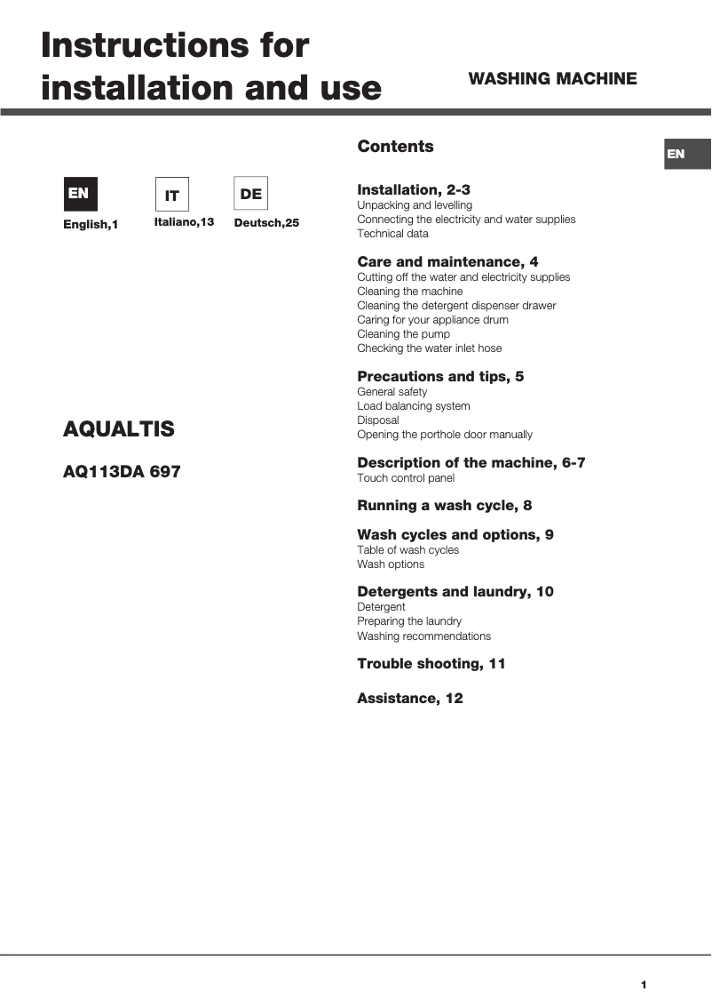 Página 1 del manual Manual de usuario Hotpoint Aqualtis AQ113DA 697E