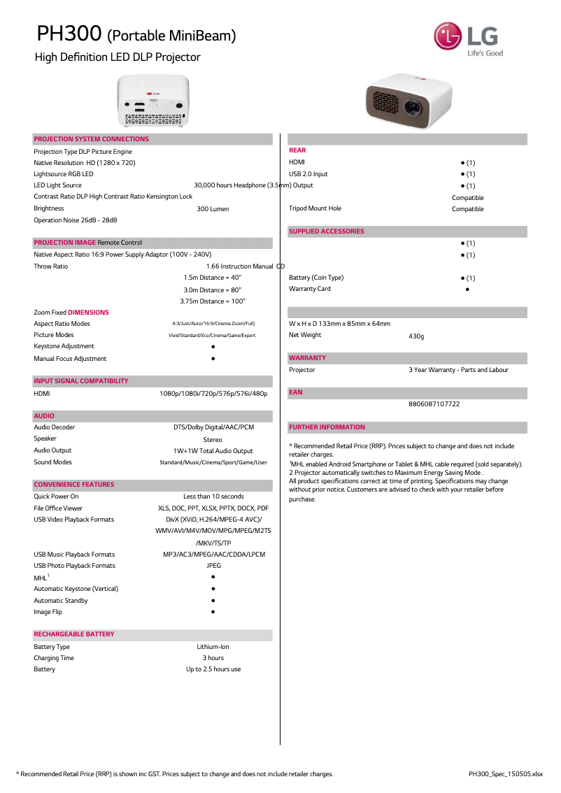 Página 1 del manual Ficha técnica LG PH300