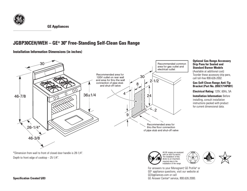 Page n°1 - Fiche technique GE JGBP30CEHCC