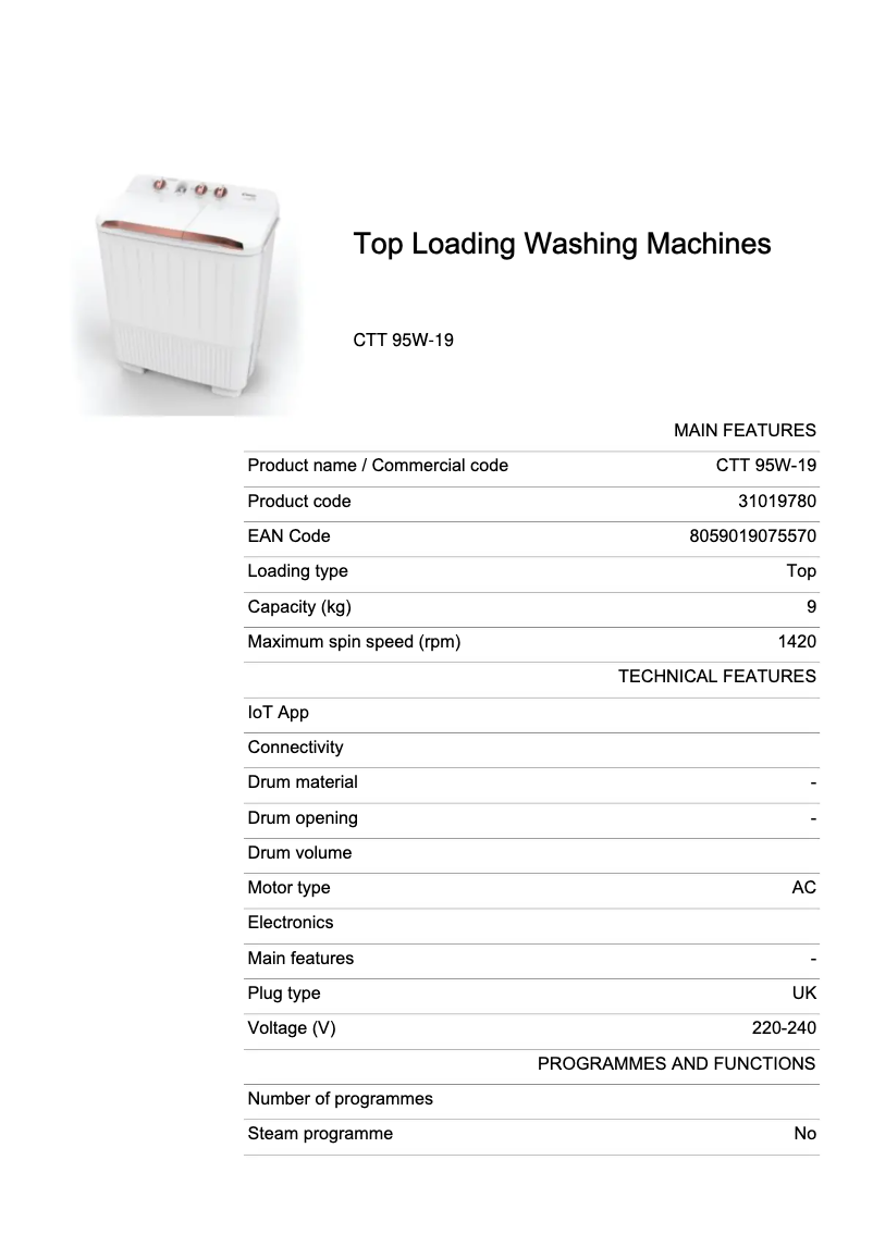 Page 1 de la notice Fiche technique Candy CTT 95W-19
