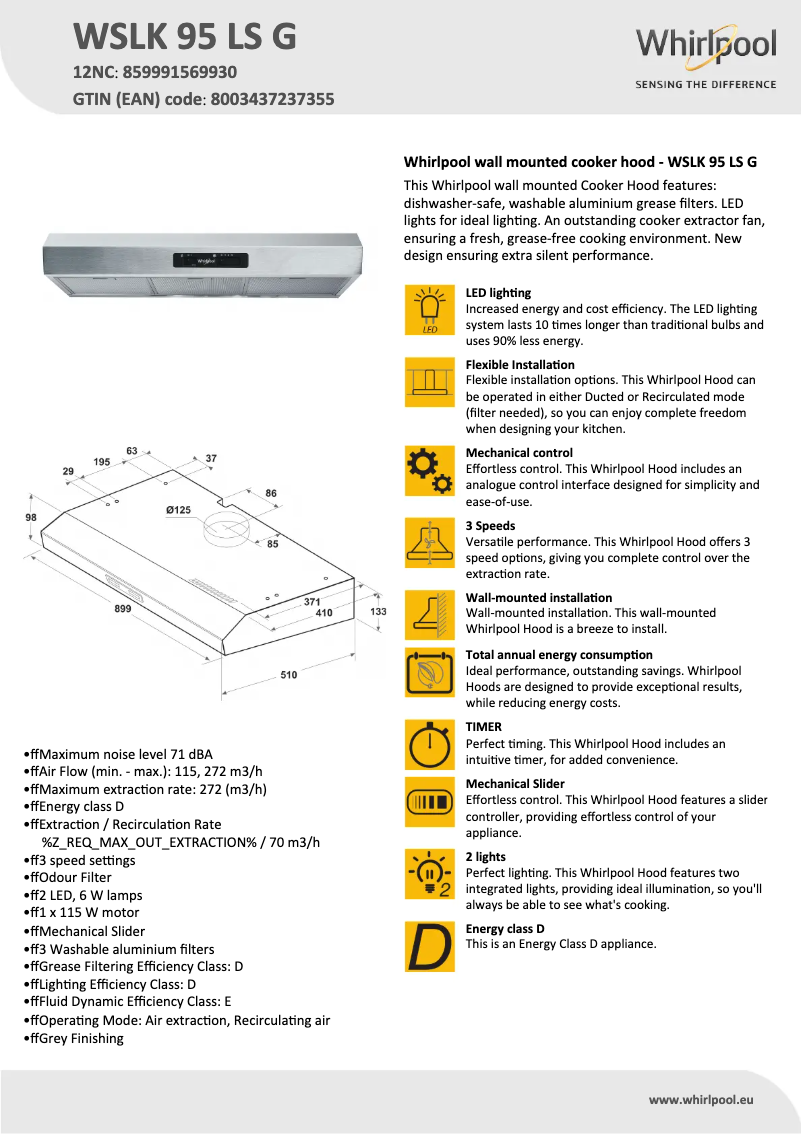 Page 1 de la notice Fiche technique Whirlpool WSLK 95 LS G