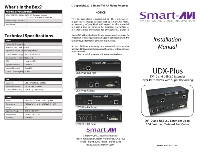 Page n°1 - Manuel utilisateur Smart-AVI UDX-PTX