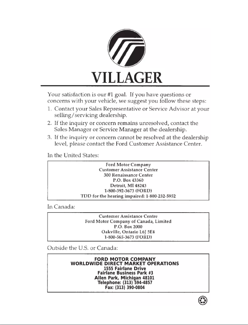 Page 1 de la notice Manuel utilisateur Mercury Villager (1998)