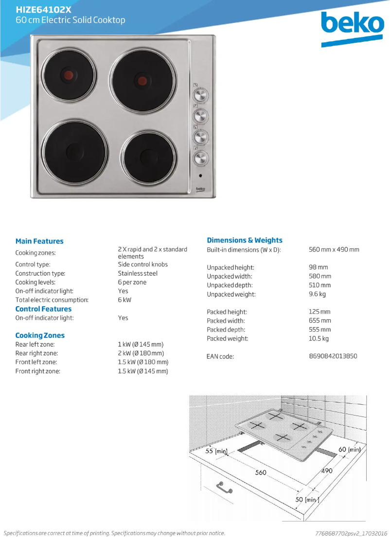 Page n°1 - Fiche technique Beko HIZE64102X