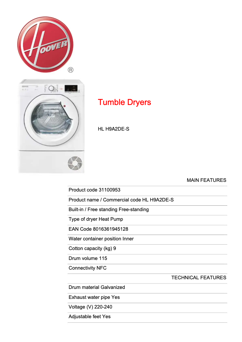 Page n°1 - Fiche technique Hoover Link Heat Pump HL H9A2DE-S