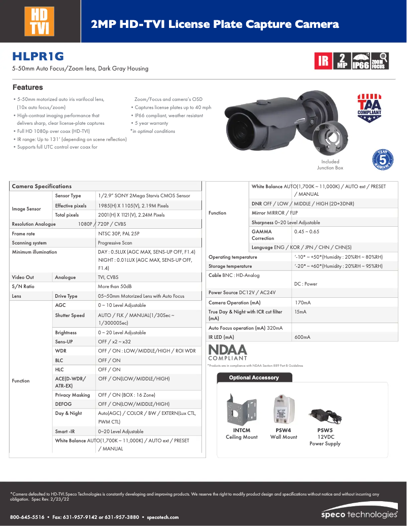 Page 1 de la notice Fiche technique Speco Technologies HLPR1G