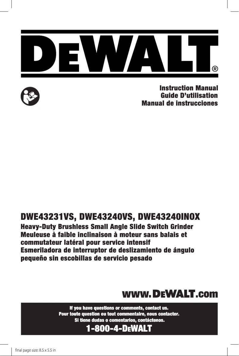 Page 1 de la notice Manuel utilisateur DeWalt DWE43231VS