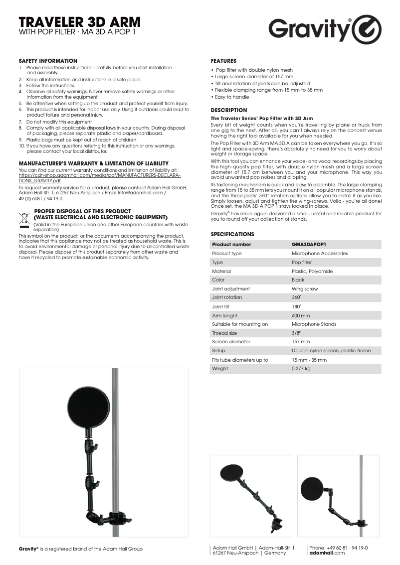 Page 1 de la notice Manuel utilisateur Gravity MA 3D A POP