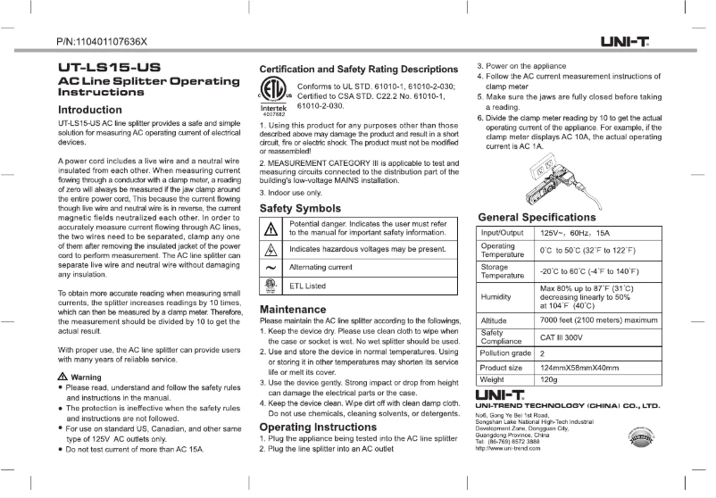 Page 1 de la notice Manuel utilisateur Uni-T UT-LS15-US