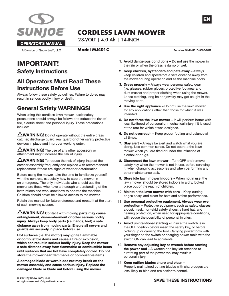 Page 1 de la notice Manuel utilisateur Sun Joe MJ401C