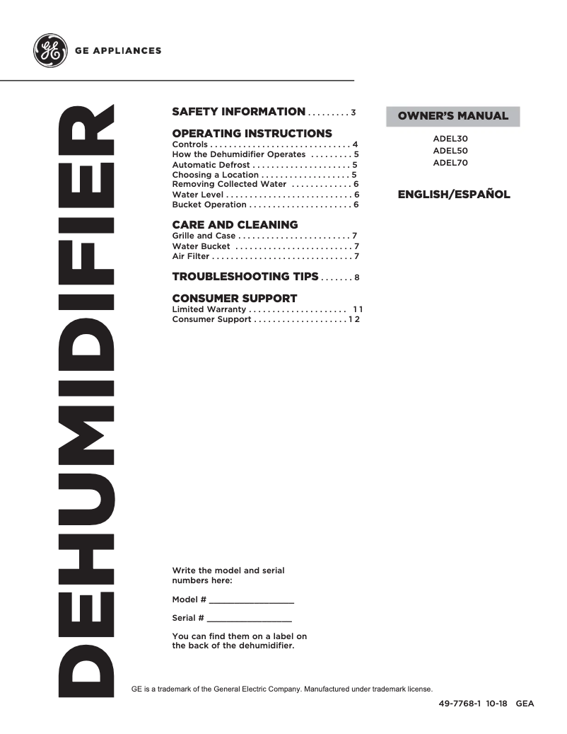 Page 1 de la notice Manuel utilisateur GE ADEL30LW