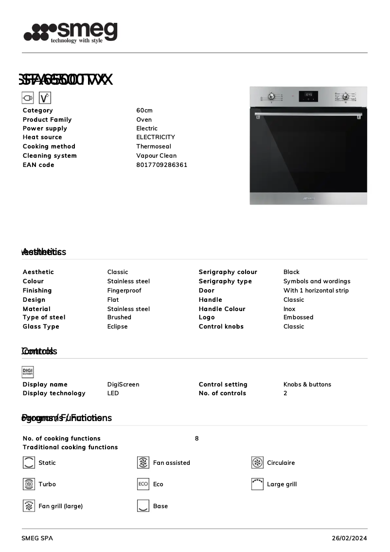 Page 1 de la notice Fiche technique Smeg SFA6500TVX