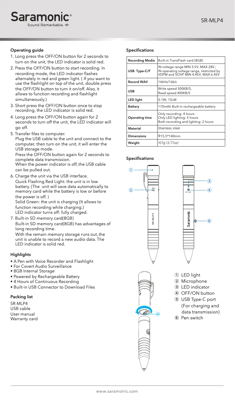 Page n°1 - Manuel utilisateur Saramonic SR-MLP4