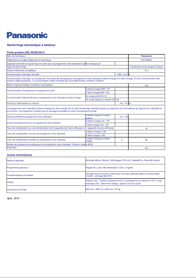 Page 1 de la notice Fiche technique Panasonic NH-P80G2