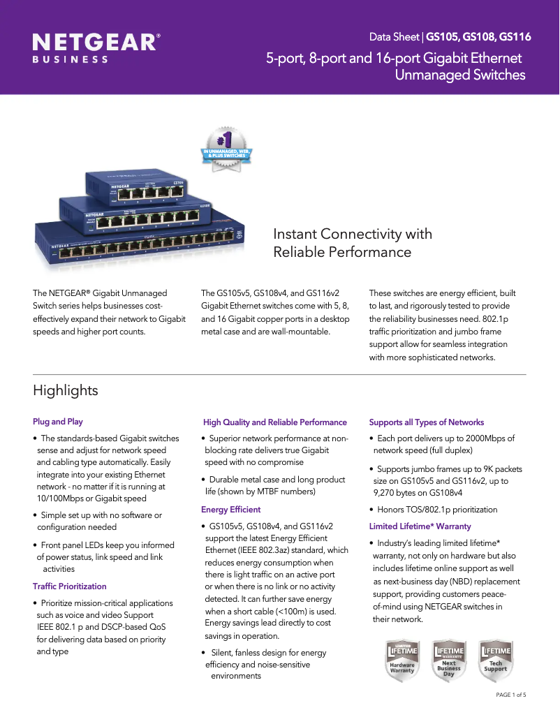 Page 1 of the manual Technical Sheet Netgear ProSafe GS116v2