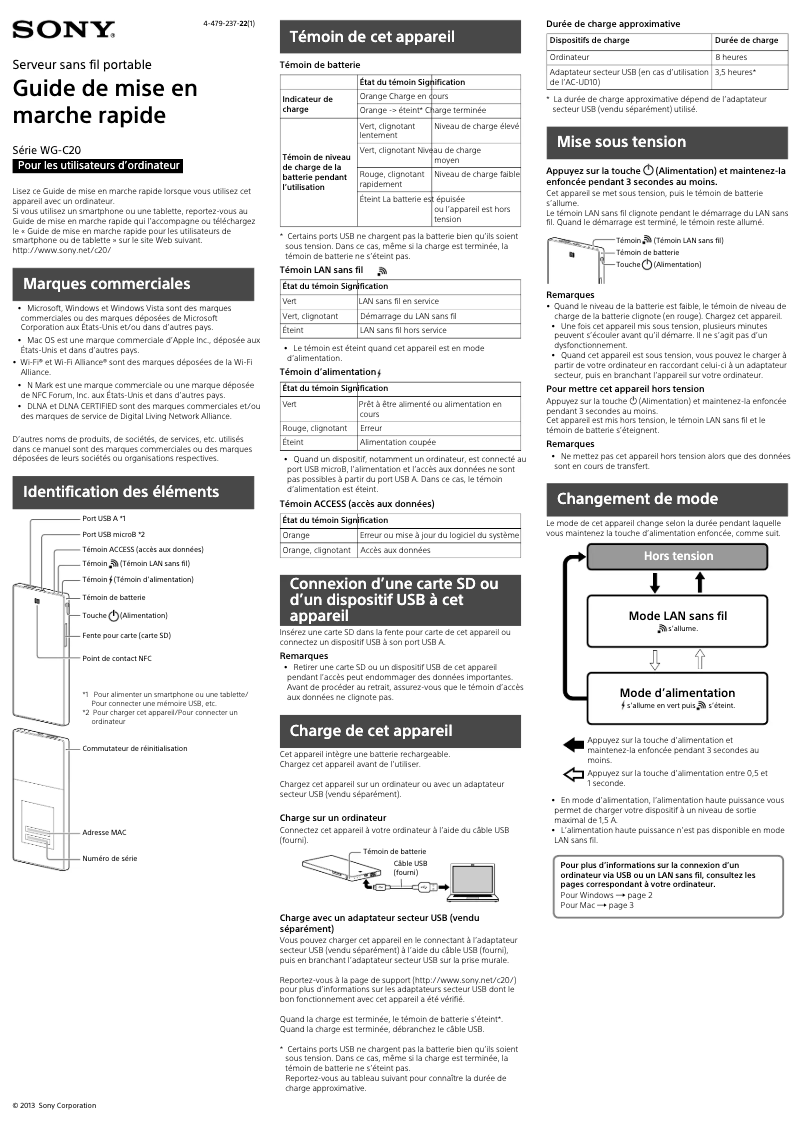 Page 1 de la notice Manuel utilisateur Sony WG-C20