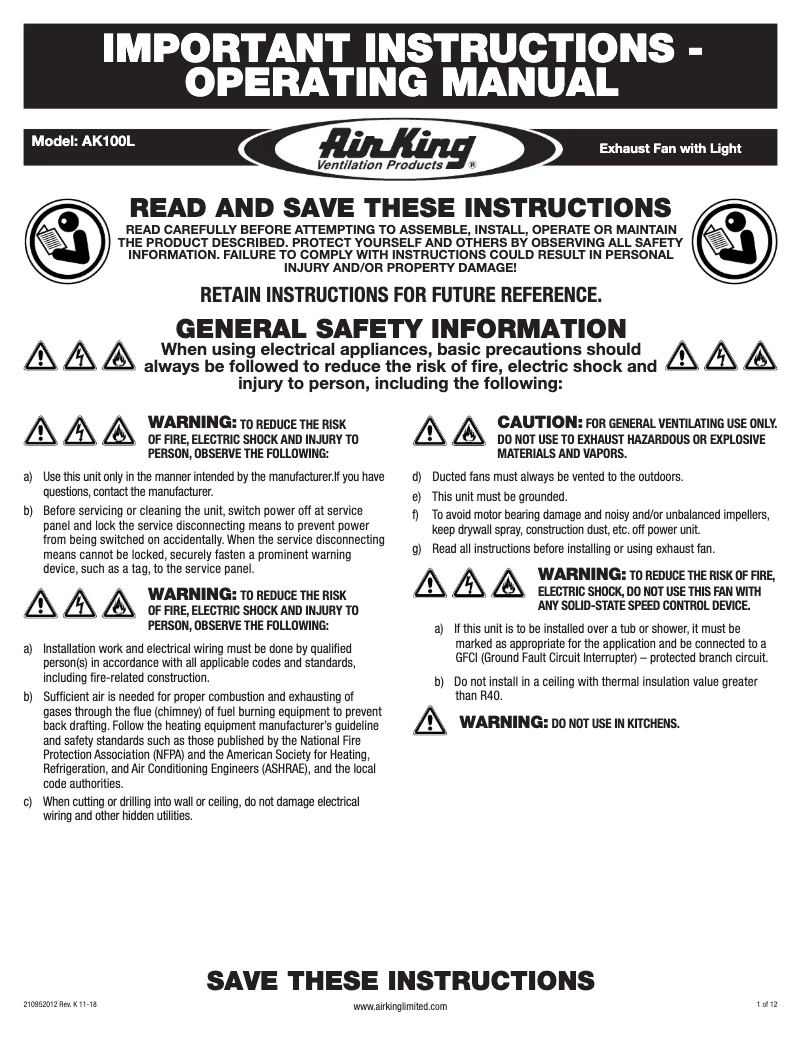 Page 1 de la notice Instructions / montage Air King AK100L