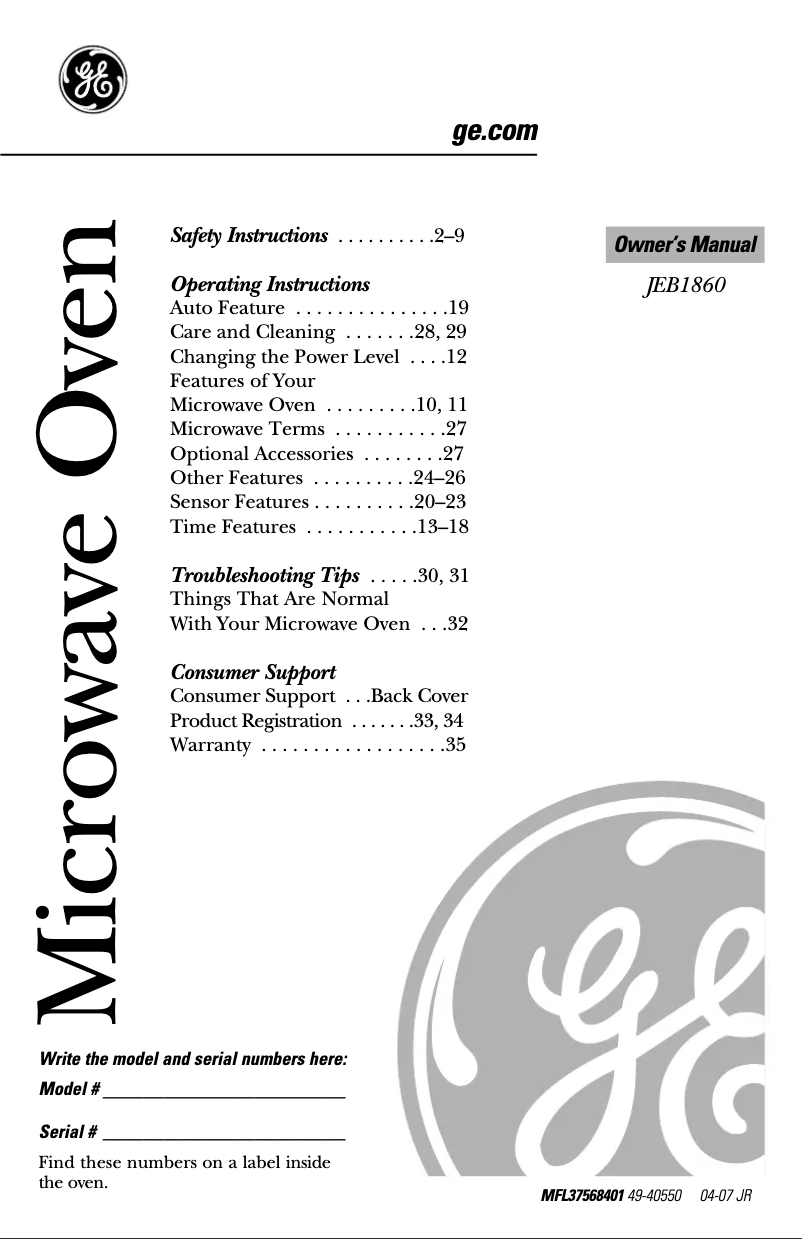 Page n°1 - Manuel utilisateur GE JEB1860DMCC