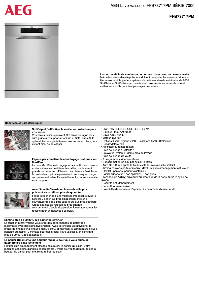 Page 1 de la notice Fiche technique AEG FFB73717PM